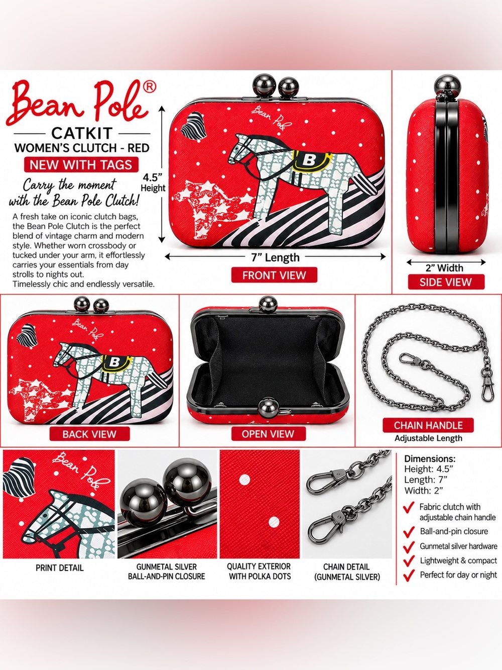 BEAN POLE CATKIT HORSE CLUTCH BAG - RED (NEW WITH TAGS) A29